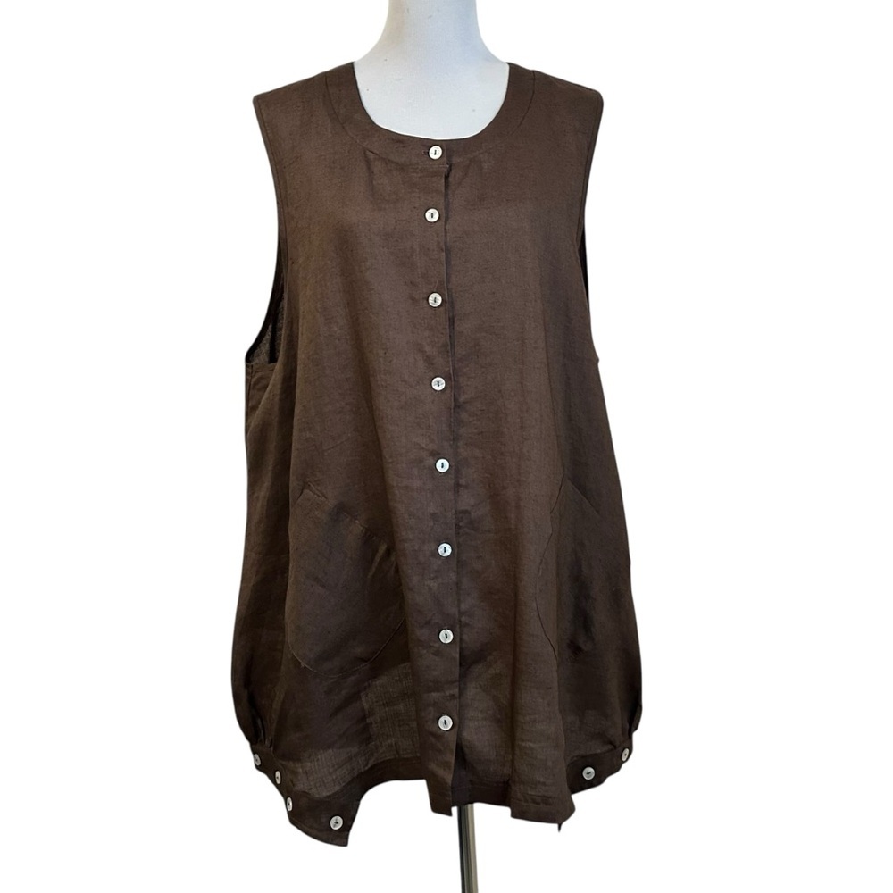 IC by Connie K Womens Linen Sleeveless Button Up Tunic Top Sz XXL Brown